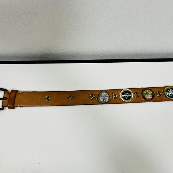 Vintage Y2K Large Bonded Leather Belt Bottle Cap Pop Kidcore Kitsch Punk - Picture 2 of 5